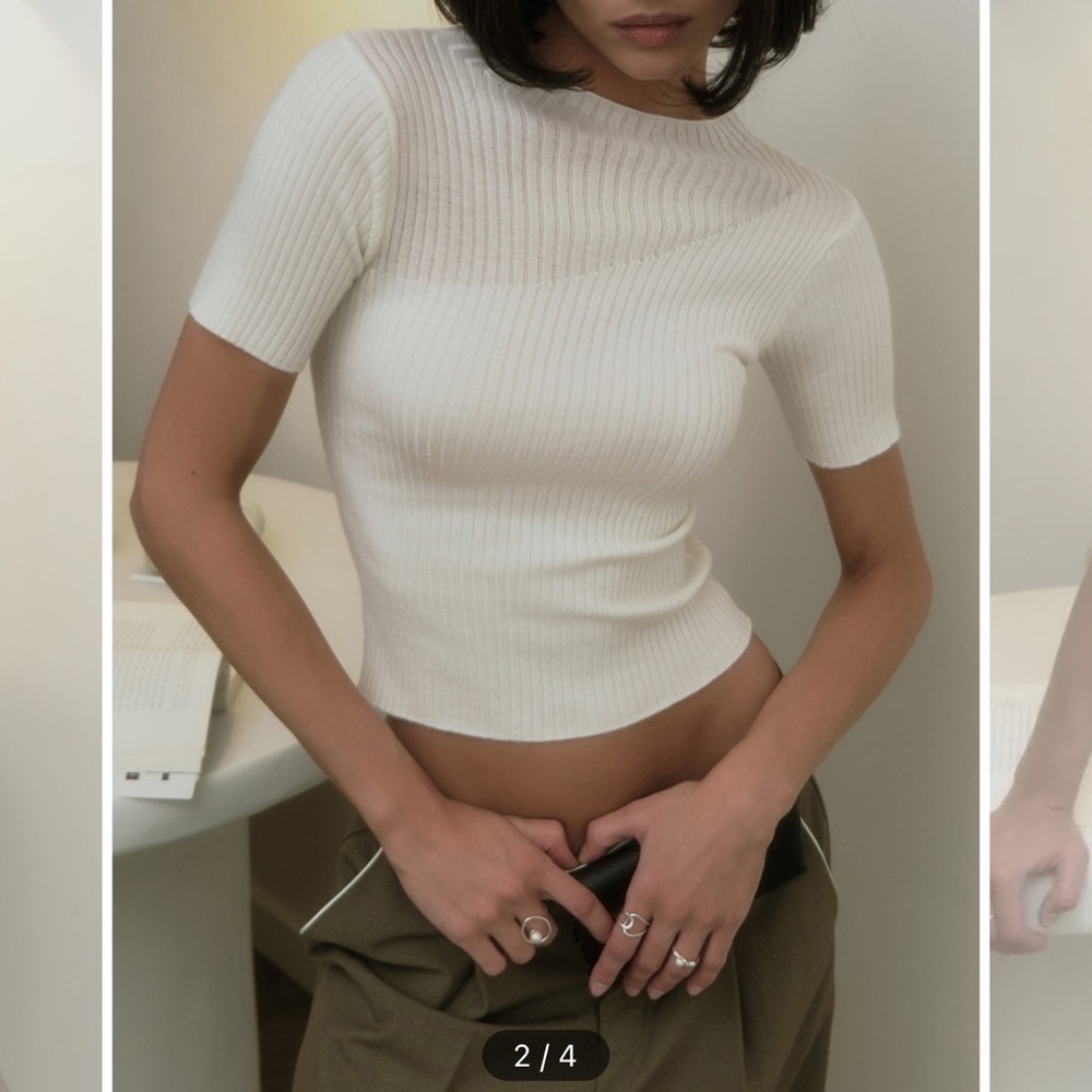 Commense Cream Ribbed Short-Sleeve Knit Top - Picture 2 of 4